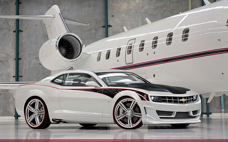 CAMARO AND PLANE, plane, car, camaro, white, jet, HD wallpaper