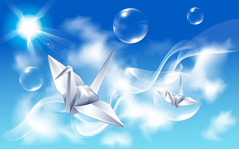 Paper Crane Under Blue Sky, cloud, bubble, cg, paper crane, abstract, sky, 3d, beauty, blue, HD wallpaper