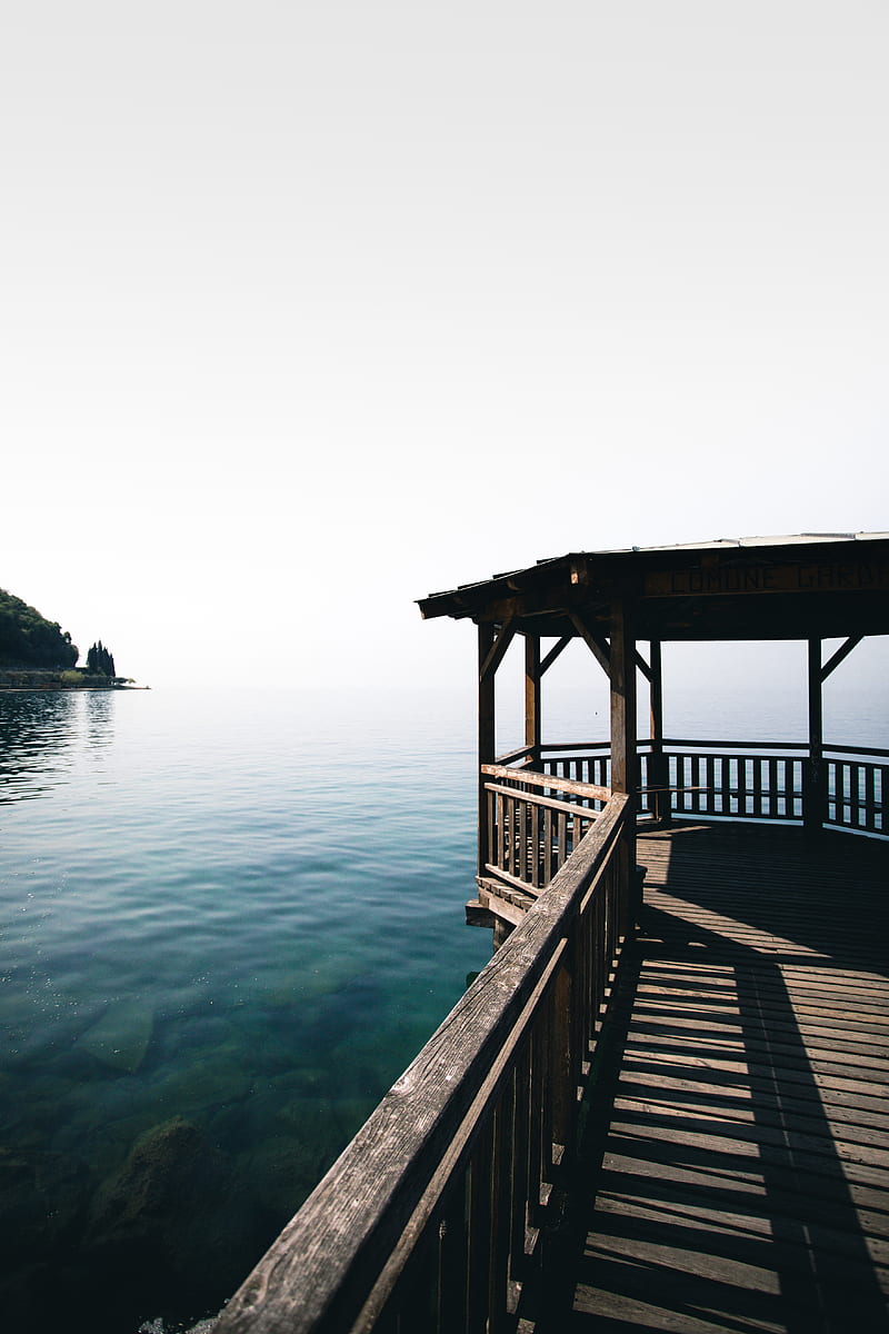 gray wooden beach dock viewing blue sea, HD phone wallpaper