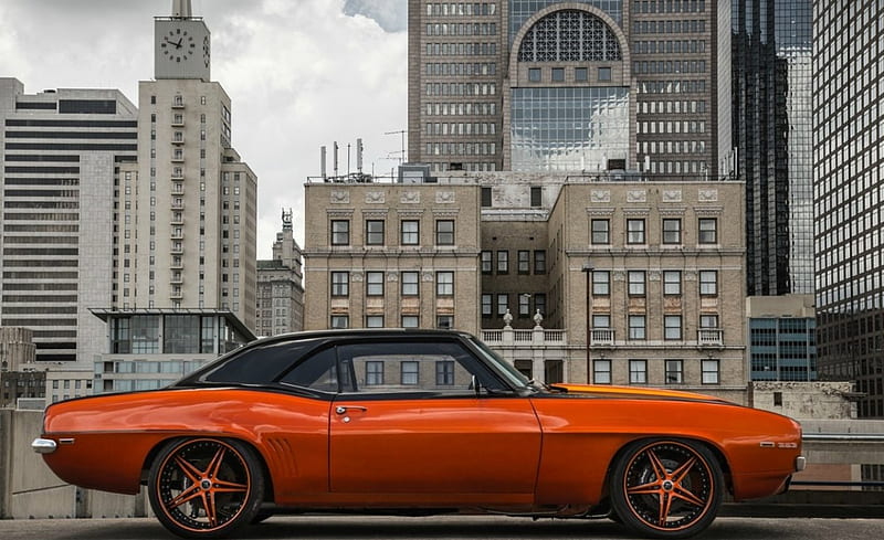 383 /69 Camaro, Classic, Custom Wheels, Black, Orange, HD wallpaper