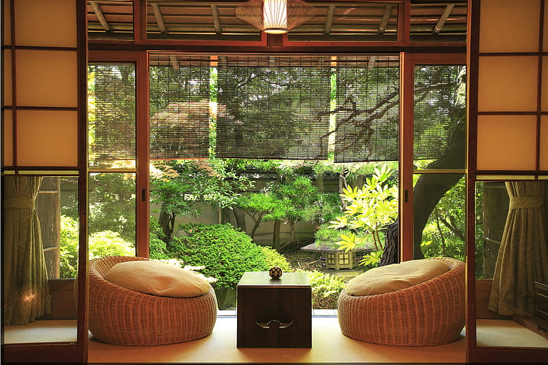 Zen room, candle, table, curtains, greenery, blinds, cushions, trees, windows, japanese room, rice paper, chairs, branches, light, garde, HD wallpaper