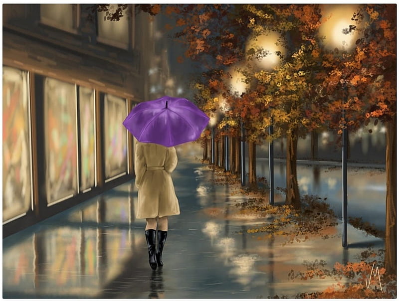 WALKING IN THE RAIN, UMBRELLA, RAIN, FEMALE, WALKING, PAINTING, HD wallpaper