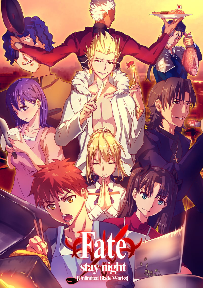 Fate Series, Fate/Stay Night, Fate/Stay Night: Unlimited Blade Works, Saber, Gilgamesh, Tohsaka Rin, kotomine kirei, Lancer (Fate/Stay Night), Shirou Emiya, Archer (Fate/Stay Night), Matou Sakura, parody, humor, anime girls eating, cooking, ahoge, twintails, apron, 2D, JK, big boobs, small boobs, parted lips, open mouth, muscles, abs, knife and fork, anime girls, anime boys, Artoria Pendragon, Shinji Matou, grin, short hair, blond hair, white hair, blue hair, long hair, black hair, redhead, violet hair, closed eyes, white jacket, open jacket, hair in face, bangs, yellow eyes, red eyes, black eyes, violet eyes, tears, fan art, smiling, looking at viewer, anime, vertical, HD phone wallpaper