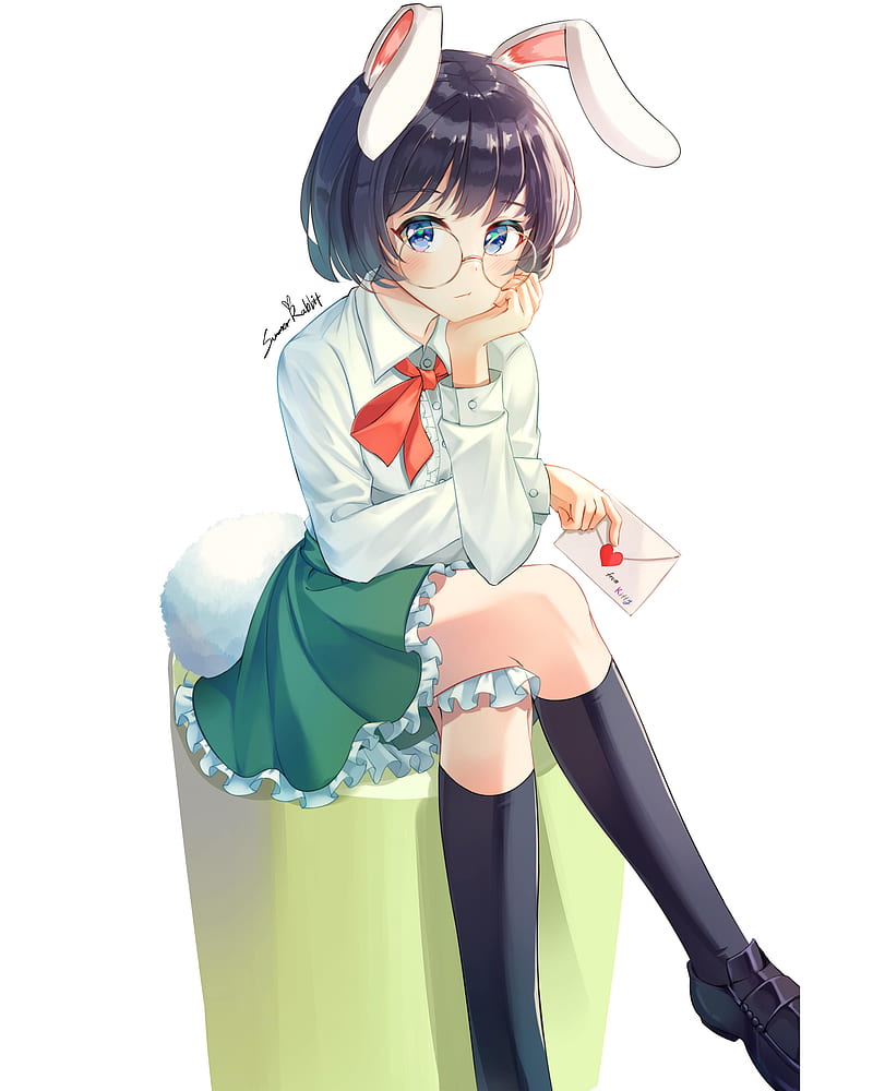 girl, rabbit, ears, glasses, anime, art, HD phone wallpaper