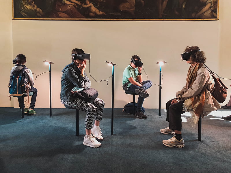four person playing virtual reality goggles, HD wallpaper