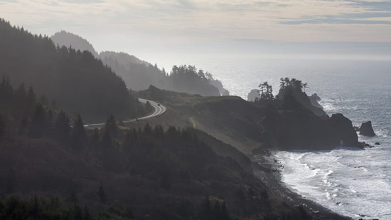 mist covered highway on oregon seacoast, highway, cliffs, coast, sea, mist, HD wallpaper