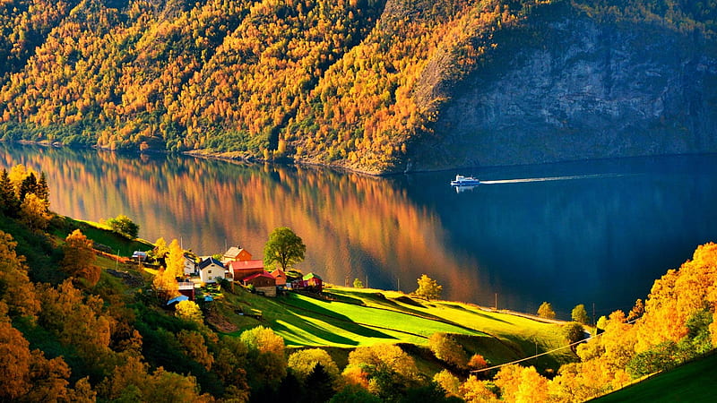 Norwegian Fjord in Fall Colors, ship, leaves, landscape, trees, colors, autumn, water, reflections, houses, HD wallpaper