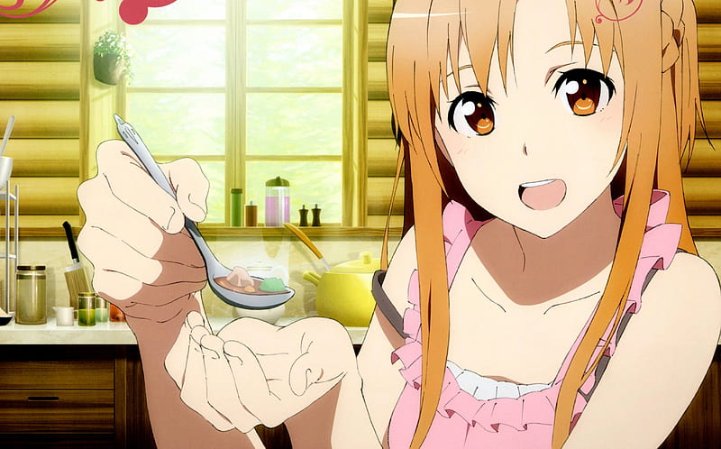 Here ... Try Some of This, pretty, house, cg, sweet, longh air, nice, yummy, anime, anime girl, yuuki, lovely, food, spoon, kitchen, smiling, happy, asuna yuuki, asuna dress, home, female, delicious, brown hair, yuuki asuna, sword art online, soup, smile, blouse, brown eyes, stew, sao, girl, sundress, HD wallpaper