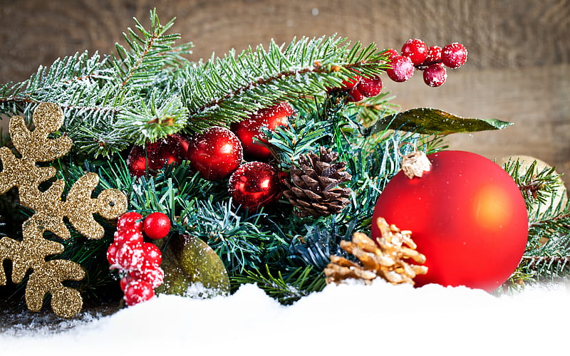 Christmas, winter, snow, red Christmas balls, Christmas tree, background, decoration, HD wallpaper