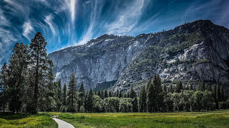 Yosemite National Park, California, USA, mountains, path, park, trees, clouds, sky, Nature, HD wallpaper