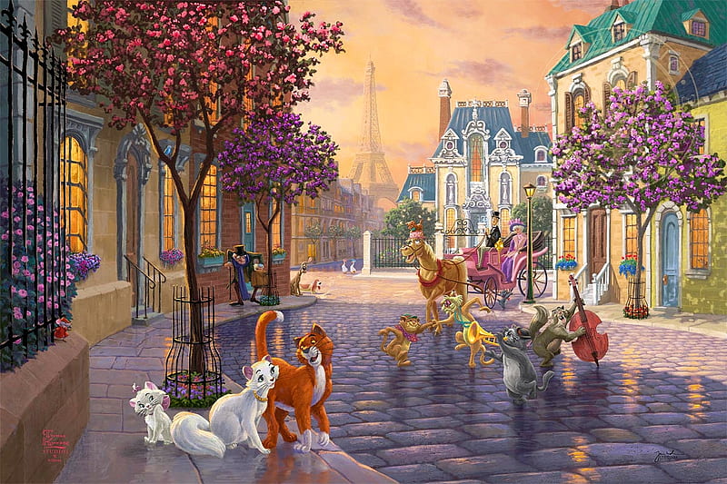 Aristocats, s, music, houses, paris, cart, spring, trees, horse, artwork, instruments, blossoms, painting, eiffel towers, cats, HD wallpaper