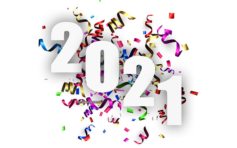 2021 New Year 2021 concepts, colored silk ribbons, Happy New Year 2021, 2021 white background, HD wallpaper