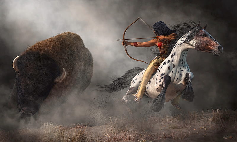 The Buffalo Hunt, warrior, hunting, indian, Native American, buffalo, Indiginous, Indigenous, horse, HD wallpaper
