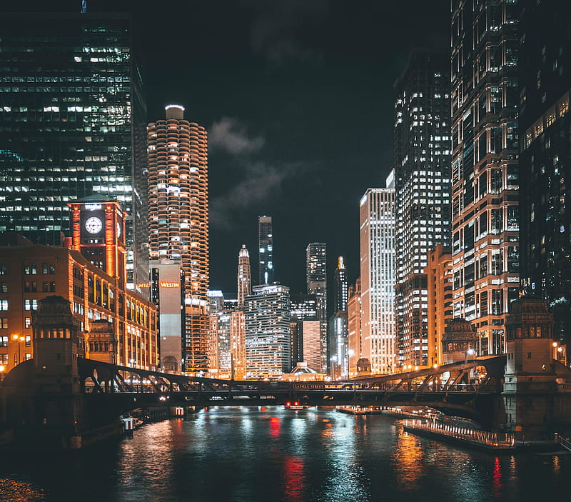 night city, city, bridge, river, lights, HD wallpaper