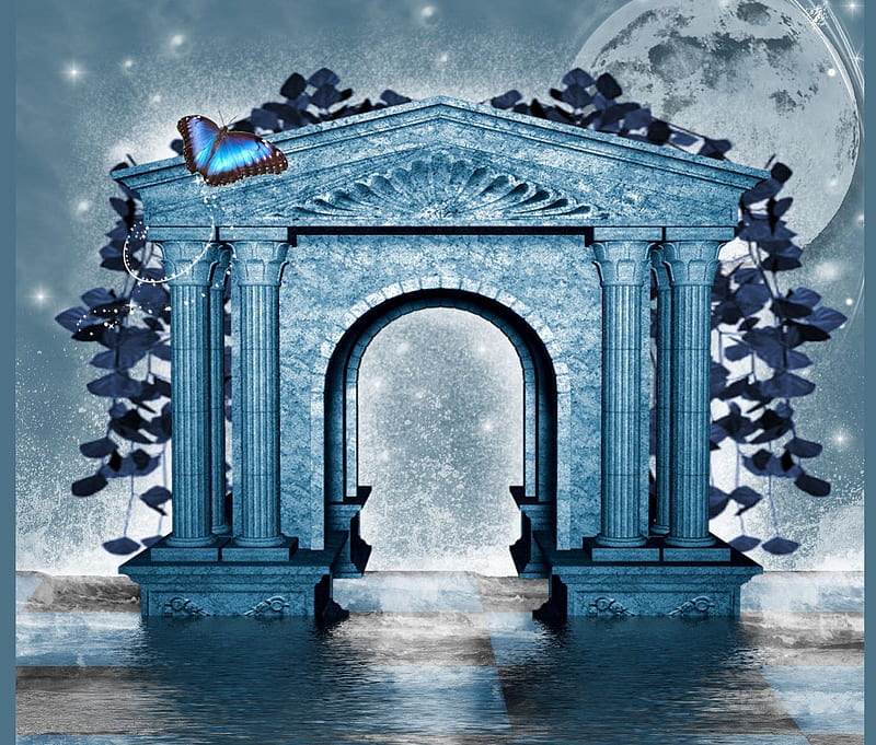 ✼Blue Arch with Butterfly✼, pretty, splendid, creeping plants, attractions in dreams, bonito, digital art, pillars, fantasy, butterfly, manipulation, exterior, flowers, vines, blooms, animals, moons, lovely, colors, love four seasons, creative pre-made, trees, water, cool, arch, plants, backgrounds, ivy, HD wallpaper