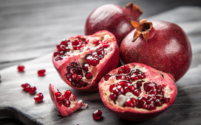 pomegranate fruits, close-up, ripe pomegranate, macro, background with pomegranate, garnet, HD wallpaper