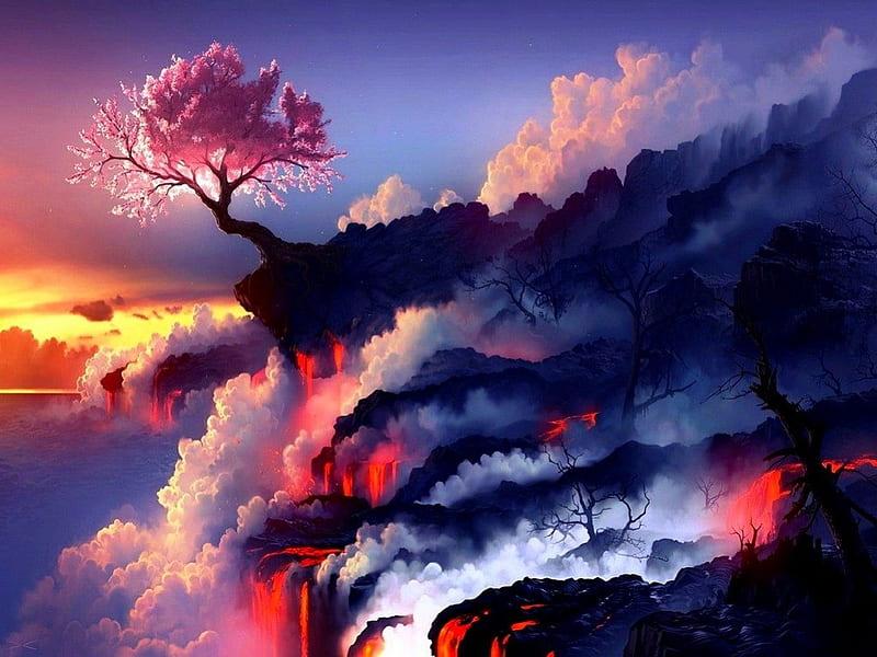 Cherry Blossom Tree And Lava, pretty, sunset, sky, clouds, cherry blossom, mountain, cool, water, petals, pink, red lava, HD wallpaper