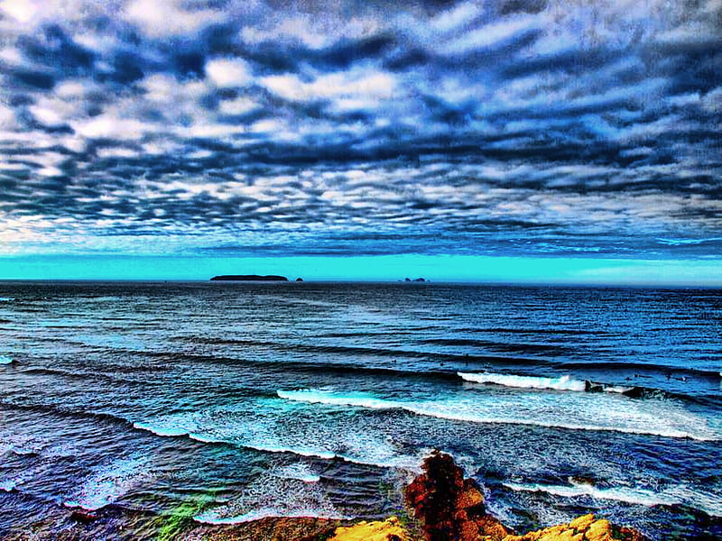 seascape, pretty, rocks, wet, ocean, waves, sky, clouds, beach, graphy, sand, water, summer, nature, white, blue, HD wallpaper