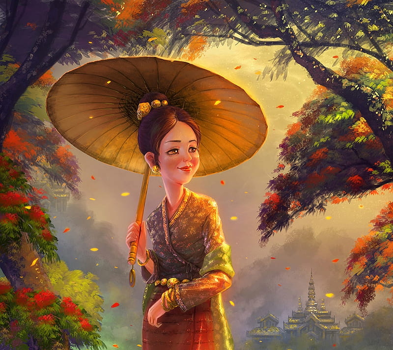 Princess, art, autumn, luminos, orange, umbrella, kyaing tong, fantasy, girl, green, asian, parasol, castle, HD wallpaper