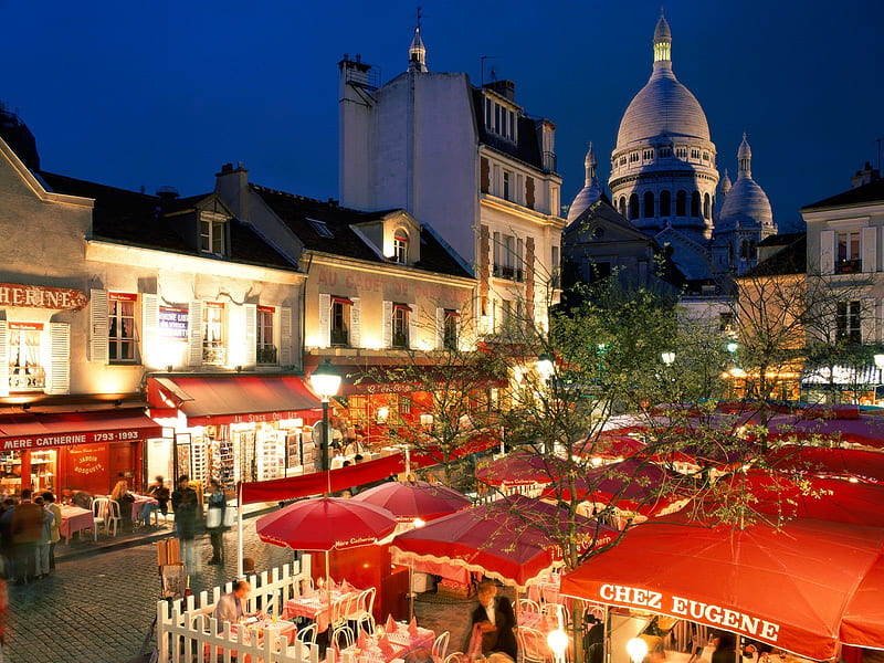 Chez Eugene, umbrellas, red, cafe, paris, outdoors, restaurant, france, shops, street, pavement, night, HD wallpaper