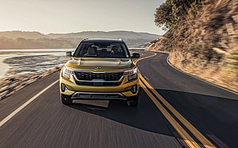 2021, Kia Seltos front view, exterior, new yellow Seltos, yellow crossover, Korean cars, Kia, HD wallpaper