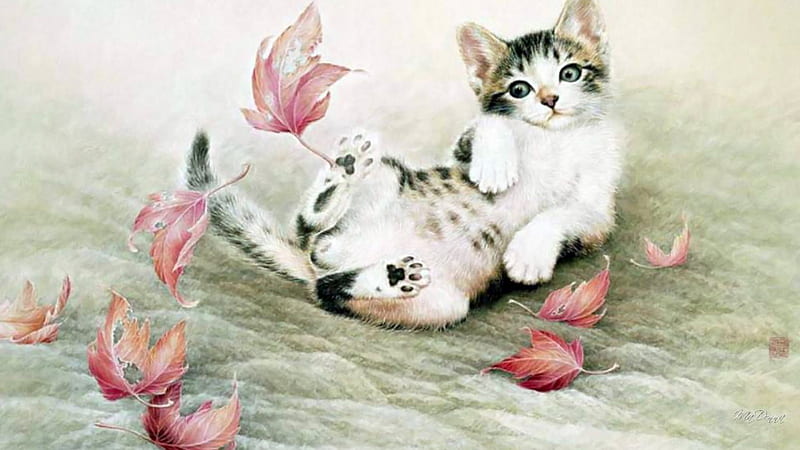 Chinese Cat Painting IV, fall, autumn, felines, kitty, frolic, playful, cat, play, leaves, kitten, HD wallpaper