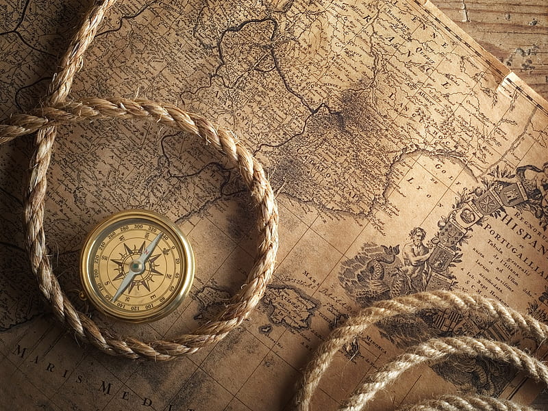 Old Map, compass, made, rope, world, HD wallpaper