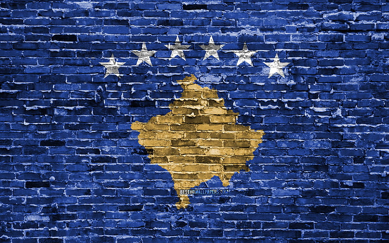 Kosovar flag, bricks texture, Europe, national symbols, Flag of Kosovo, brickwall, Kosovo 3D flag, European countries, Kosovo, HD wallpaper