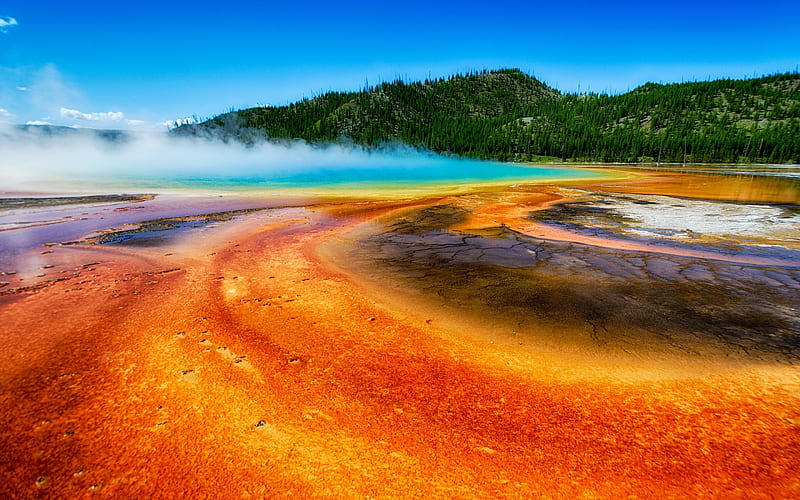 Grand Prismatic Spring, geyser, hot spring, hot water, blue lake, Yellowstone, Wyoming, USA, Yellowstone National Park, HD wallpaper