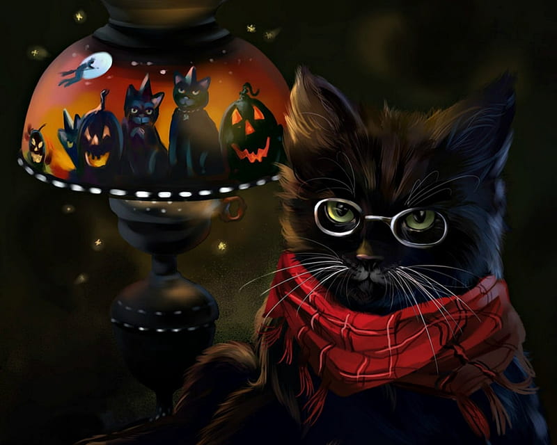 Midnight cat, red, art, lamp, lorri kajenna, lantern, luminos, halloween, black, cat, animal, fantasy, dark, digital, HD wallpaper