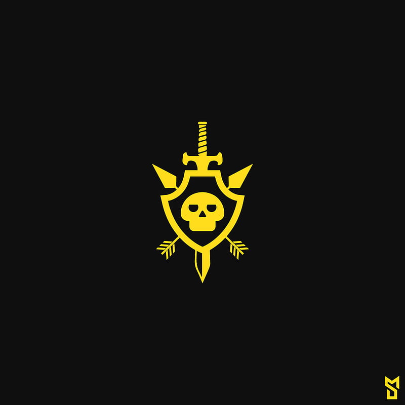 Shield Skull, logo, yellow, black, dark, sword, arrow, skulls, HD phone wallpaper