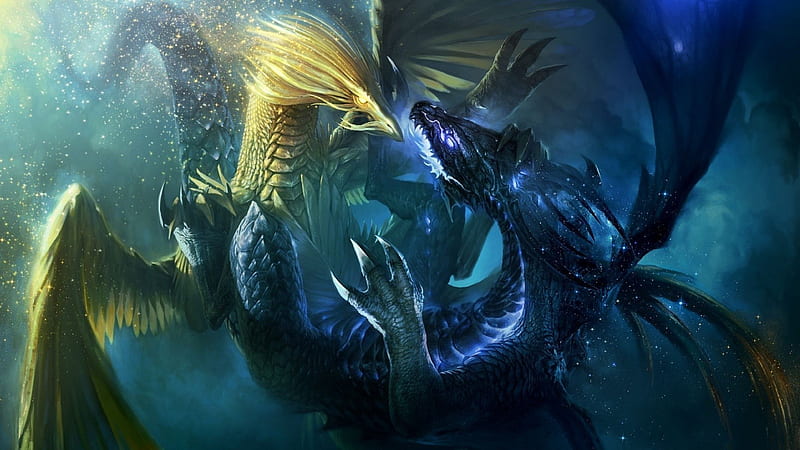 Fantasy Yellow And Blue Dragons Are Fighting Dreamy, HD wallpaper