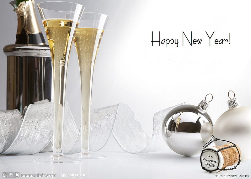 Happy New Year, ornaments, pretty, bottle, cork, glasses, bonito, silver, towel, white wine, flutes, bubbles, wineglass, holiday, satin, christmas, wine, wine glasses, new year, icebox, festive, wine bottle, shinny, white, HD wallpaper