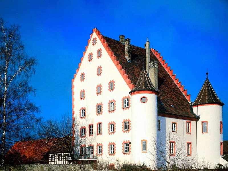 Unique Castle, roof, house, germany, home, bonito, unique, slope, wolfsegg, white, bavaria, castle, HD wallpaper