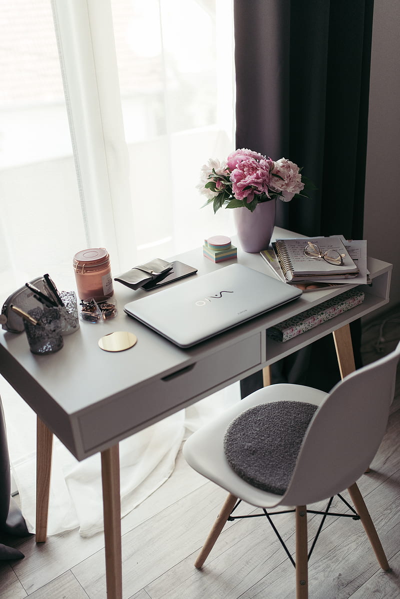table, laptop, flowers, vase, chair, interior, decor, HD phone wallpaper