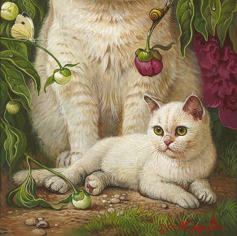 Kitten, yana movchan, pisici, pink, cat, white, art, peony, painting, pictura, HD wallpaper