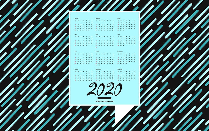 2020 Blue Black Calendar, 2020 concepts, 2020 all months calendar, black blue lines background, retro 2020 calendar, HD wallpaper