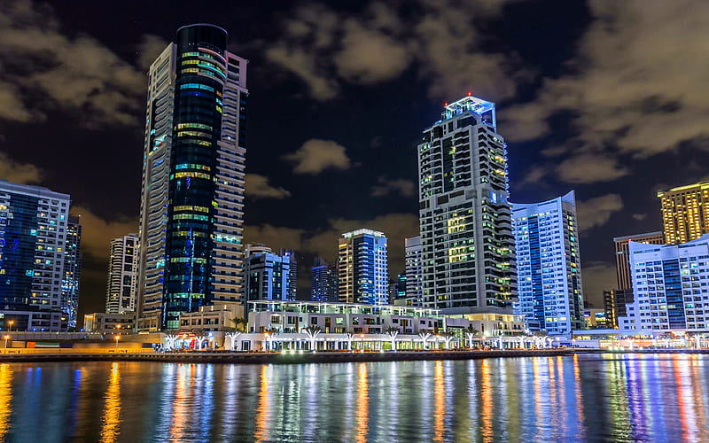 Dubai Marina nightscapes, modern buildings, yachts, Dubai, UAE, HD wallpaper