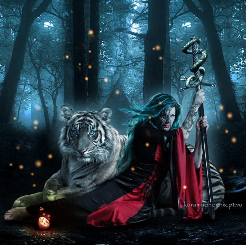 Companions, forest, fantasy, dark, tiger, lady, HD wallpaper