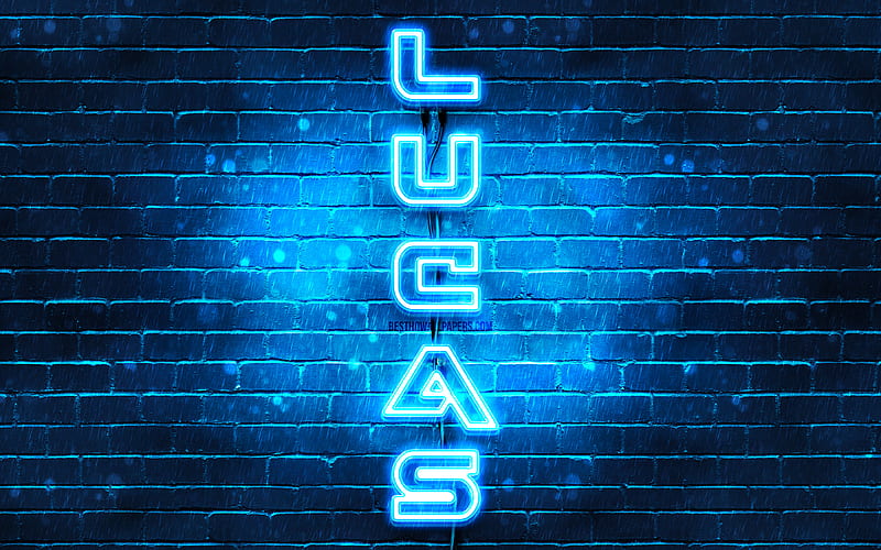Lucas, vertical text, Lucas name, with names, blue neon lights, with Lucas name, HD wallpaper