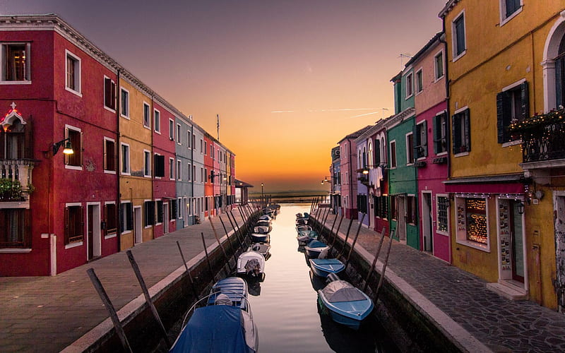 Venice, Burano, island quarter, parking for boats, evening, sunset, Italy, HD wallpaper