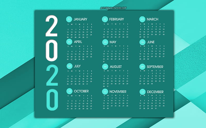 2020 Calendar, turquoise abstract background, 2020 concepts, turquoise 2020 calendar, Year 2020 Calendar, HD wallpaper