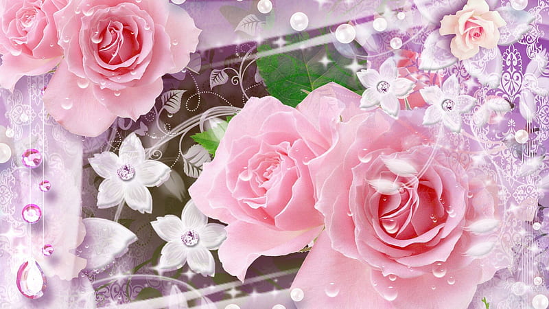 Love of Pink, flowers, glow, glitter, shine, spring, roses, diamonds, glitz, sparkle, leaves, summer, feminine, flowers, pearls, pink, HD wallpaper