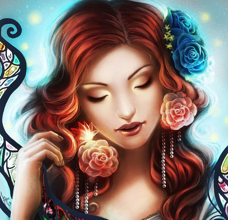 Rossas, art, flowers, fantasy, lady, HD wallpaper