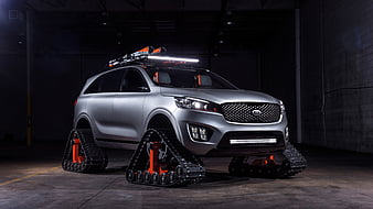 Kia Sorento, 2016, SUV, silver Kia, tuning Sorento, car on caterpillars, HD wallpaper