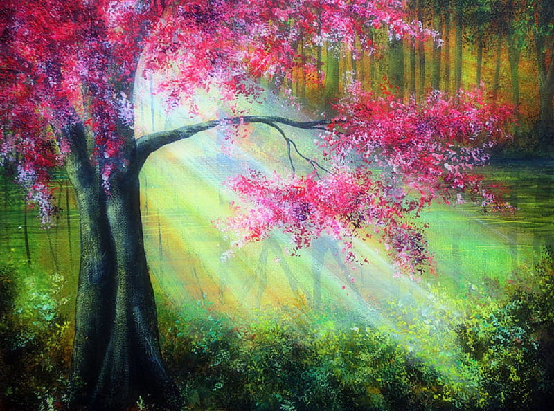 Stunning Glimmer, attractions in dreams, bonito, rays light, paintings, landscapes, flowers, forests, scenery, blooms, sunbeam, traditional art, lovely, sunlight, love four seasons, creative pre-made, trees, glimmer, plants, sunshine, nature, HD wallpaper