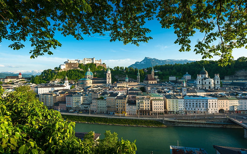 Salzburg, Hohensalzburg Fortress, morning, river, cityscape, Salzburg panorama, Festungsberg, Austria, High Salzburg Fortress, HD wallpaper