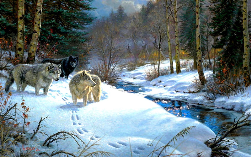 WINTER WOLVES, forest, Mark Keathley, Valley of Shadows, creek, winter, yurt, painting, wolves, animals, night, HD wallpaper