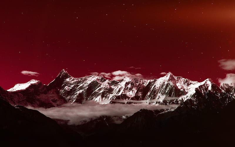 mountain, snow, dark, red, winter, sky, star, HD wallpaper