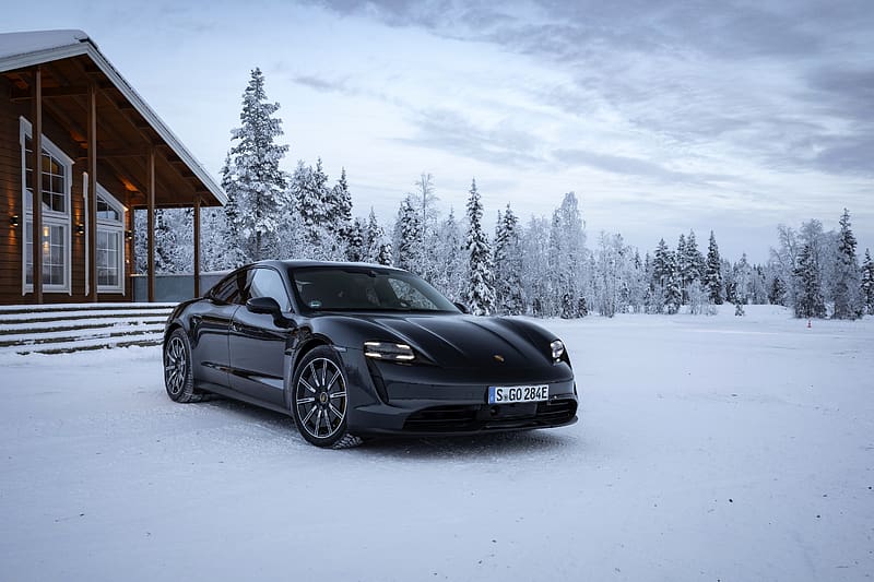 Winter, Porsche, Snow, Car, Vehicles, Black Car, Porsche Taycan 4S, HD wallpaper